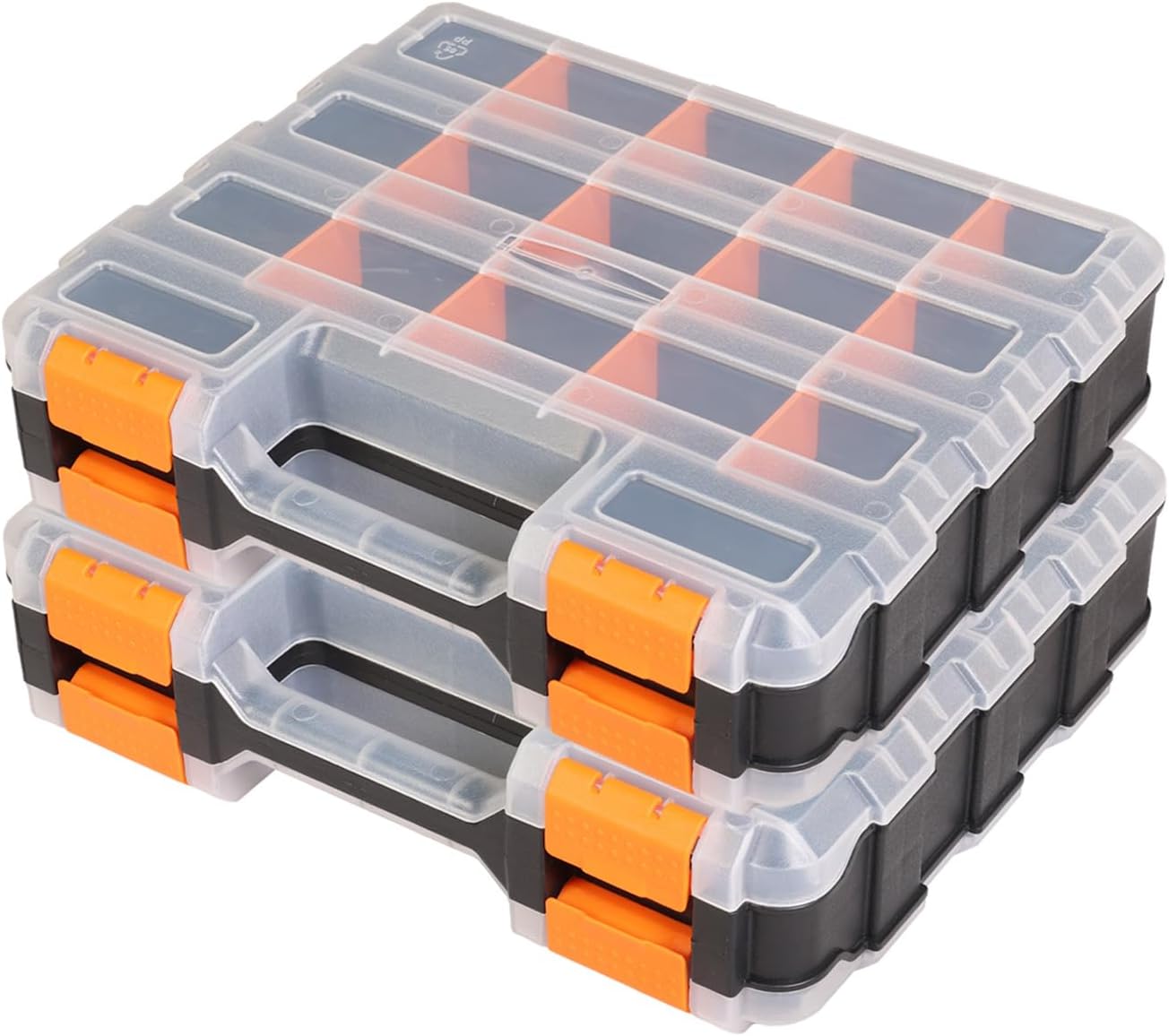 610fu78xe4L._AC_SL1500_.jpg Tool Box with Transparent Lid, Double Side 34-Compartments Organizer Box with Removable Dividers for Hardware, Screws, Bolts, Nails, Beads, Jewelry and Fishing Accessories, Orange, 2 Pack - Image 1
