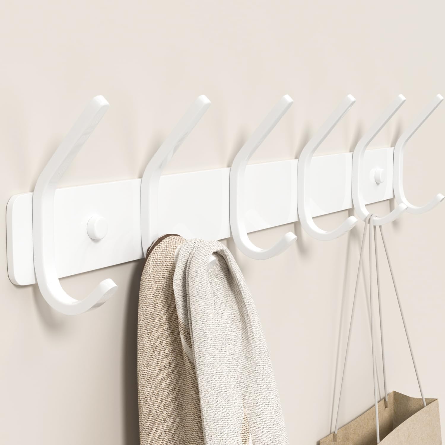 61TPi-J5y0L._AC_SL1500_.jpg Coat Rack Wall Mount Hooks - 15 Inch Matte White Metal 6-Hook Organizer Wall Mounted, Modern Kids Room, Entryway & Bathroom Hanger for Beach Towels, Coats, Purses, Bags (1 Pack) - Image 1