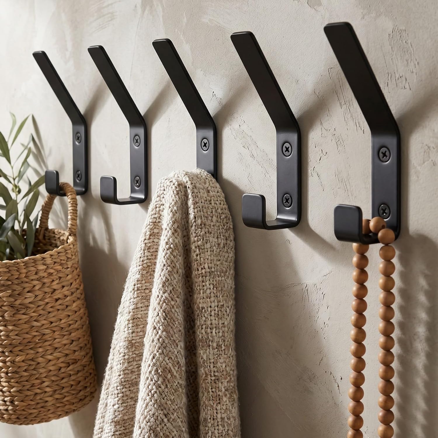81FsRg9zskL._AC_SL1500_.jpg Decorative Coat Hooks For Wall Mount Set of 5 - Stylish and Sturdy Black Metal Double Hooks Are Perfect To Hang Your Jackets, Towels Or Hats - A Modern Addition To Any Farmhouse or Minimal Home Decor - Image 1
